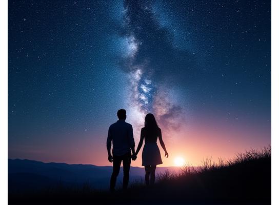 A couple silhouetted against a brilliant starry night sky, looking up.