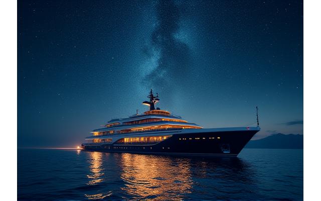 Luxury cruise ship at sea under a starry night